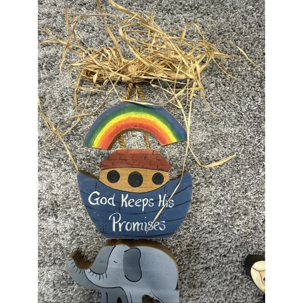 Noah's Ark Hand Painted Wood Hanging Decor Vtg Lot Of 4 See Description